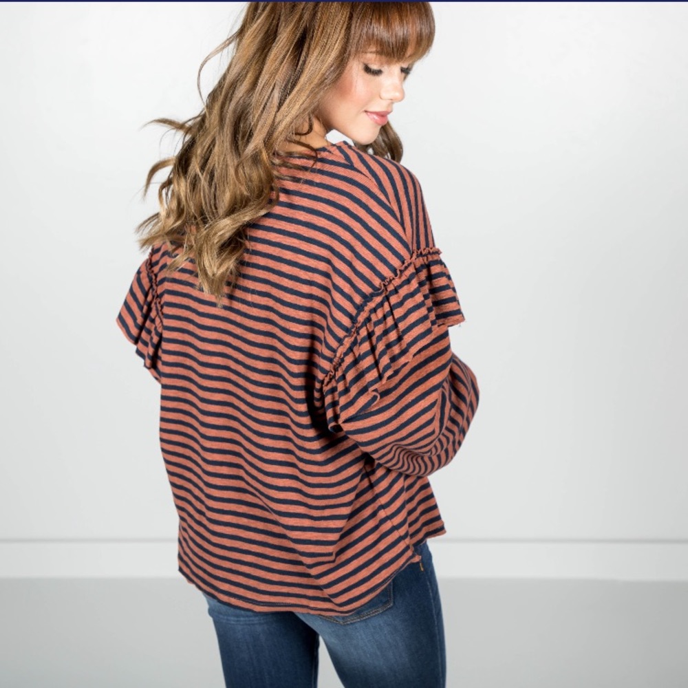 5 for $25 Burgundy & Navy Blue Striped ruffled shoulder top - Picture 2 of 6